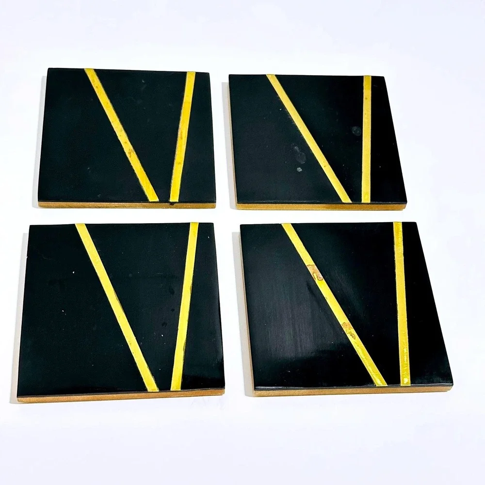 80's Black and Gold Geometric Square Coasters Set of 4 Art Deco‎ Style Wood